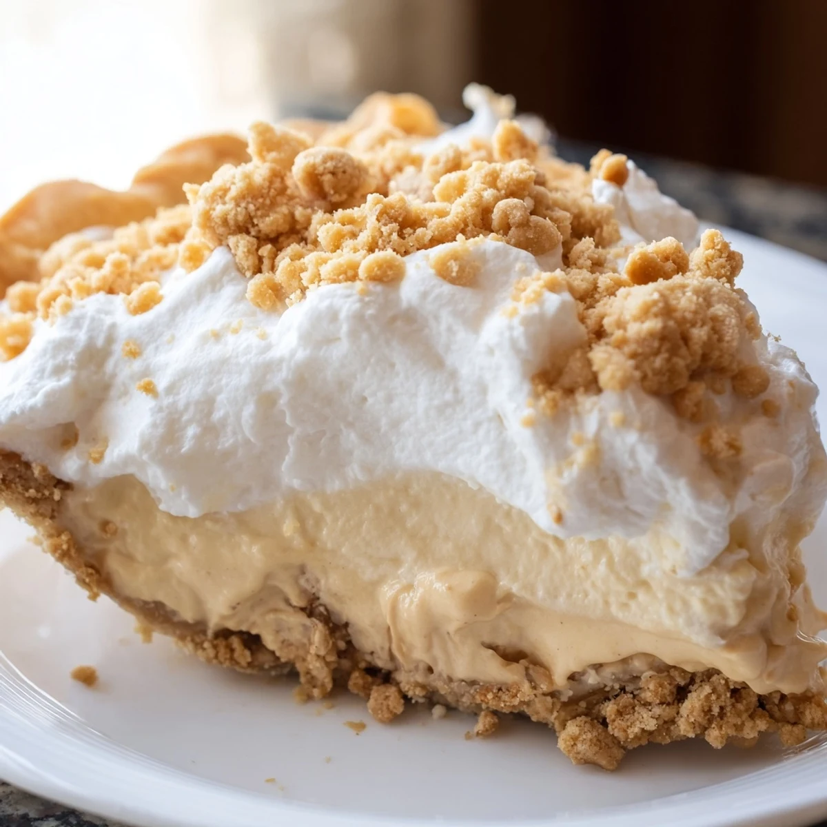 Creamy Amish peanut butter dream pie topped with fluffy whipped cream and golden crumbs