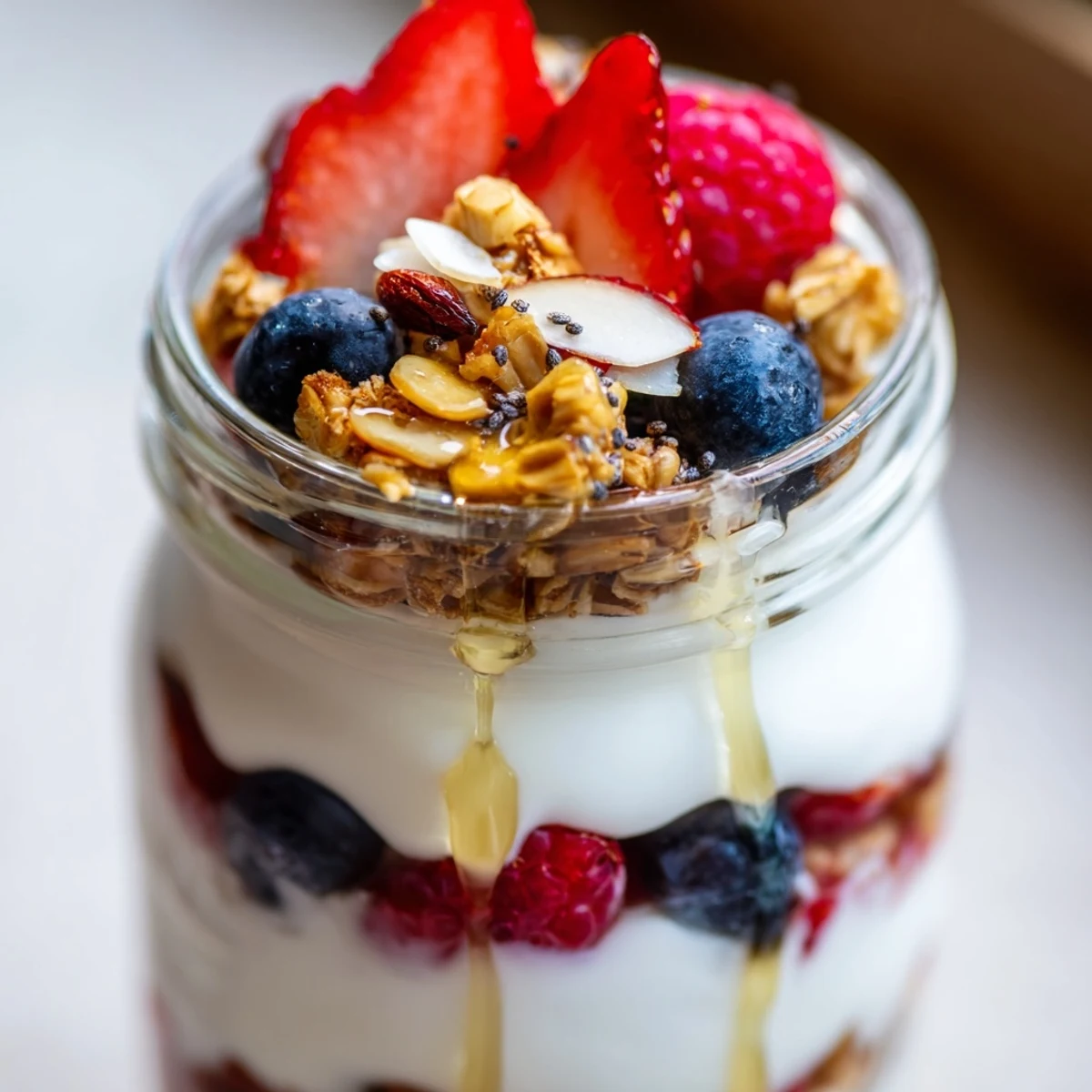 Creamy Greek yogurt parfait layered with fresh berries and crunchy granola in glass