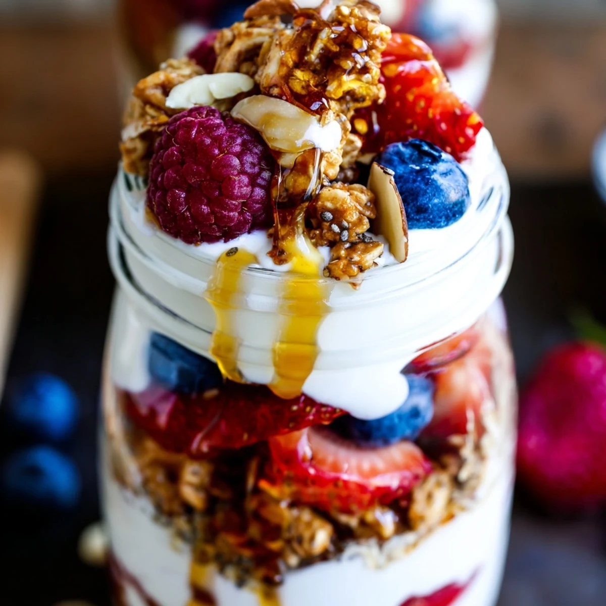 Greek yogurt parfait topped with vibrant mixed berries and honey drizzle