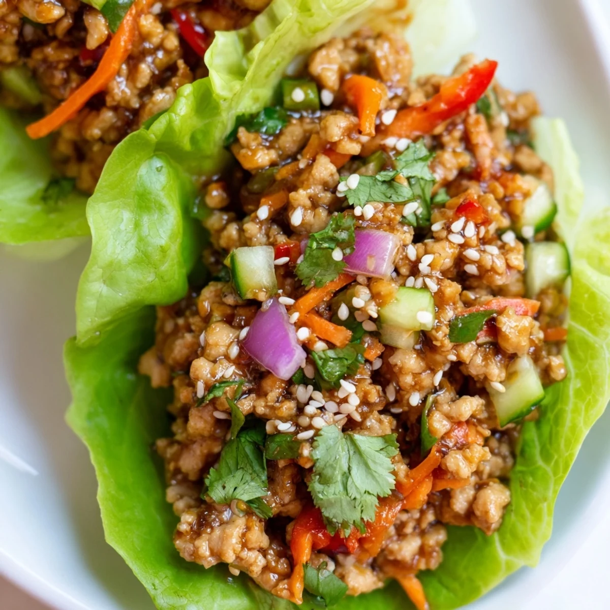 Seasoned ground turkey lettuce wrap bowls with fresh vegetables in crisp romaine leaves