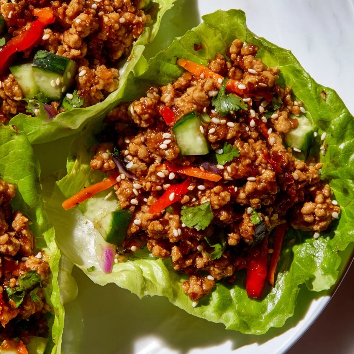 Crisp lettuce cups filled with savory healthy ground turkey and colorful diced vegetables