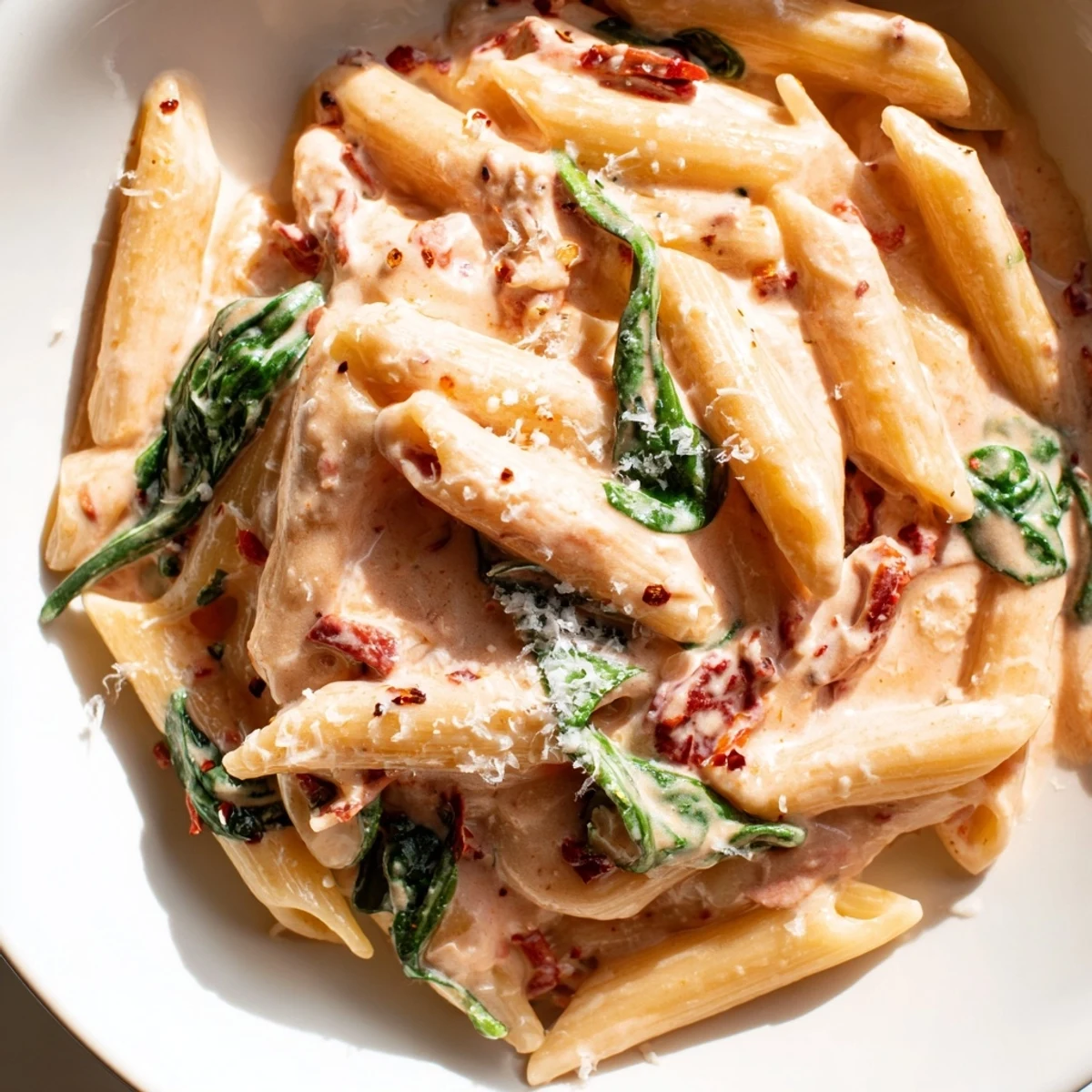 Creamy sun dried tomato spinach pasta in a rustic skillet with velvety sauce coating every tender noodle