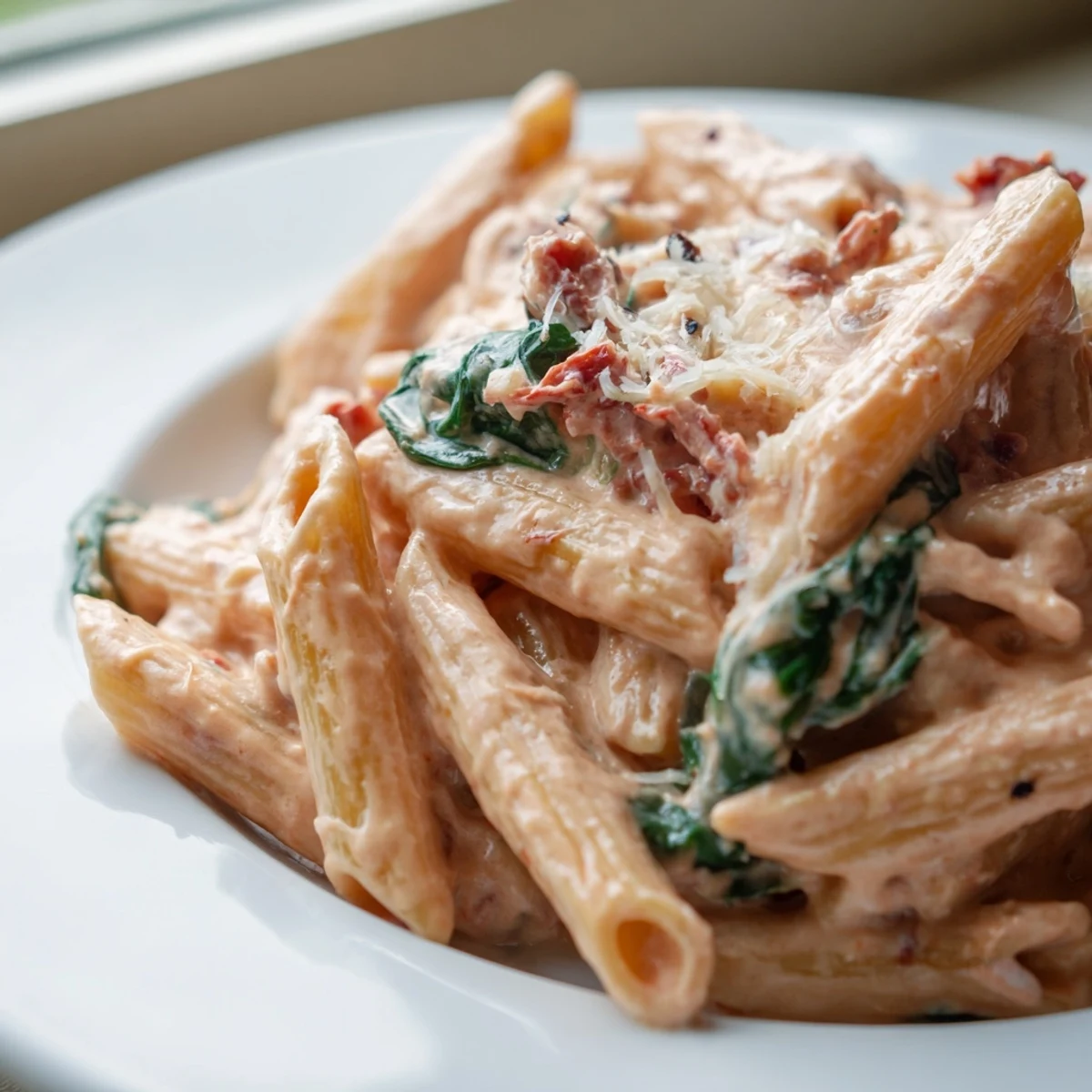 One pan creamy sun dried tomato spinach pasta topped with Parmesan and vibrant green wilted leaves
