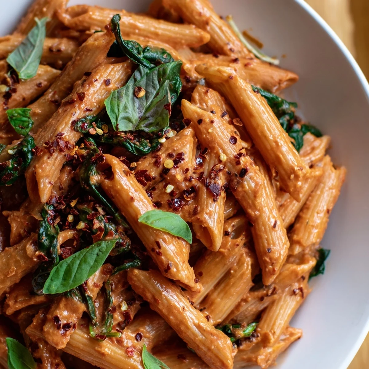 Creamy sun dried tomato vegan pasta in a velvety orange sauce topped with fresh basil