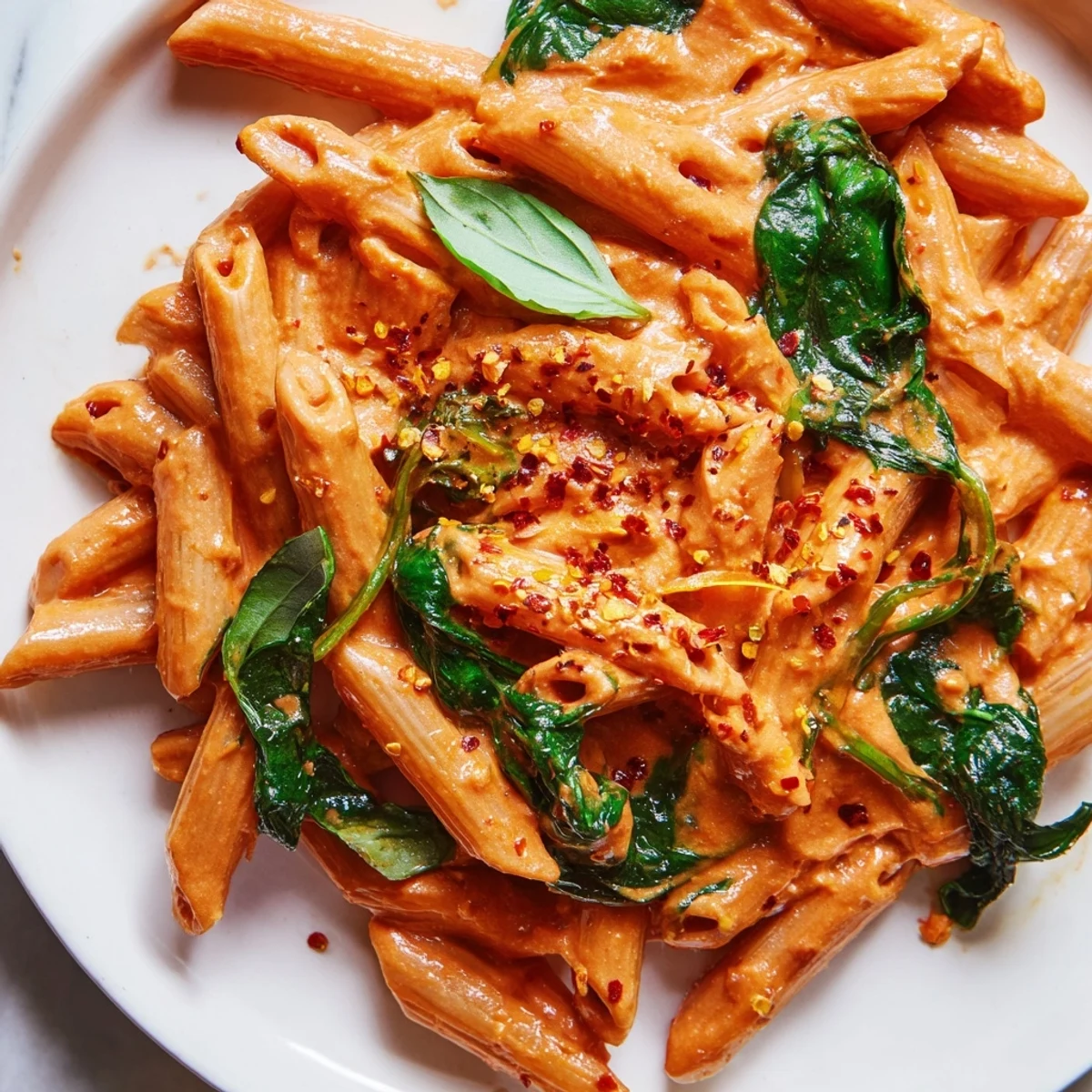 Twirled pasta coated in rich sun dried tomato vegan pasta sauce with wilted spinach