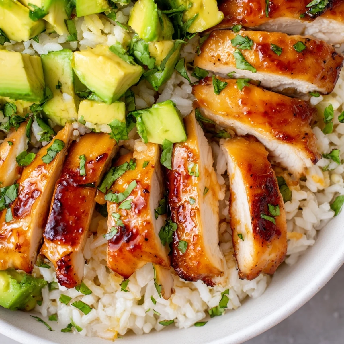 Golden honey lime chicken sliced and served over creamy green avocado rice with fresh cilantro