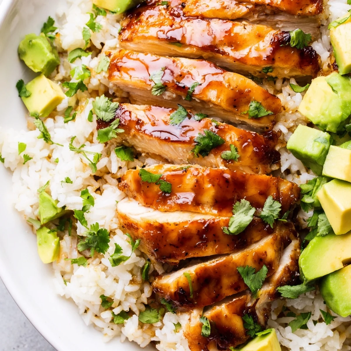 Juicy honey lime chicken with caramelized edges plated alongside fluffy avocado rice mixed with herbs