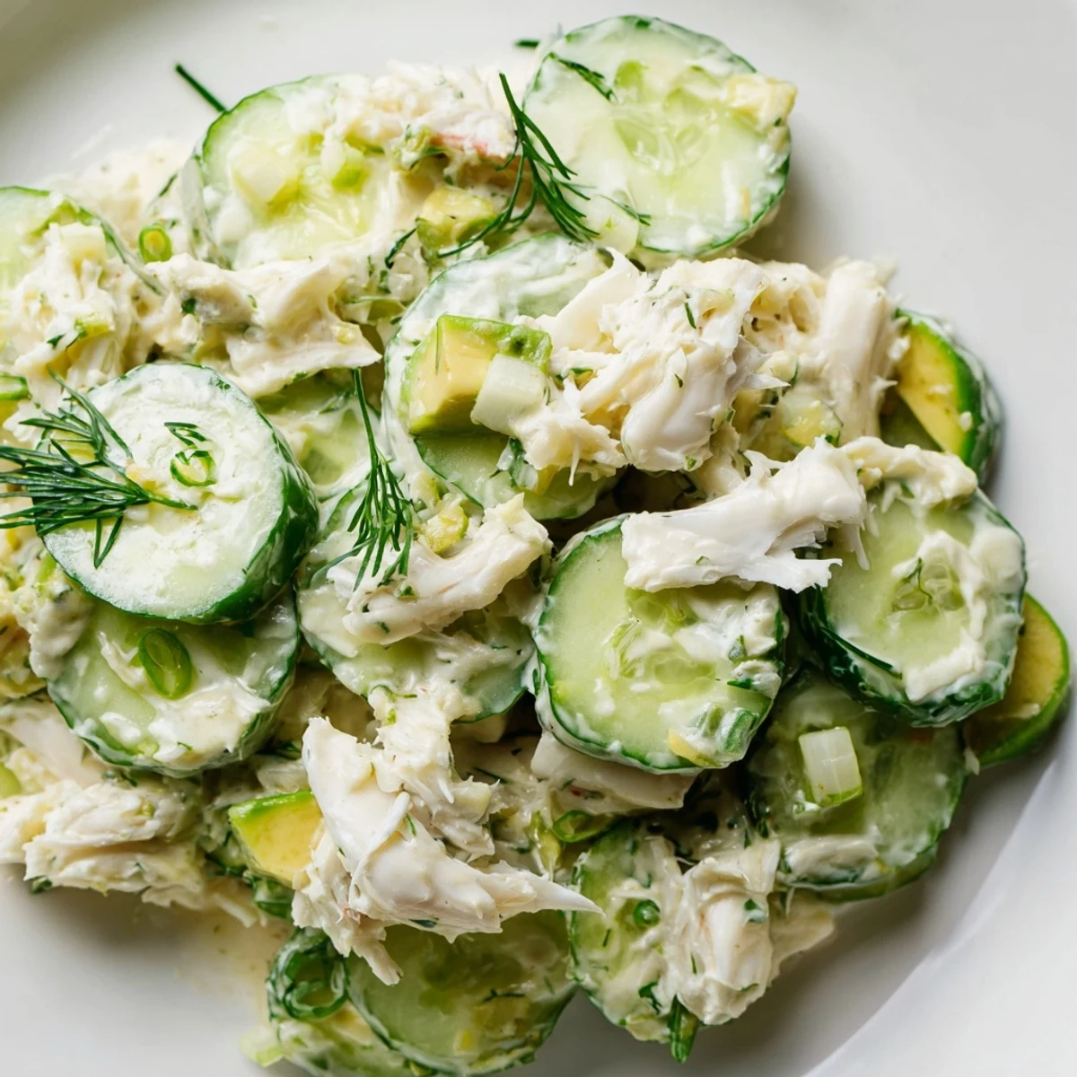 Cucumber salad with crab meat in creamy dressing topped with fresh dill sprigs