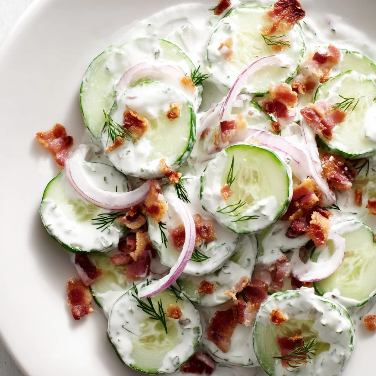 Crisp cucumber salad with smoky bacon crumbles in tangy yogurt dressing on white plate