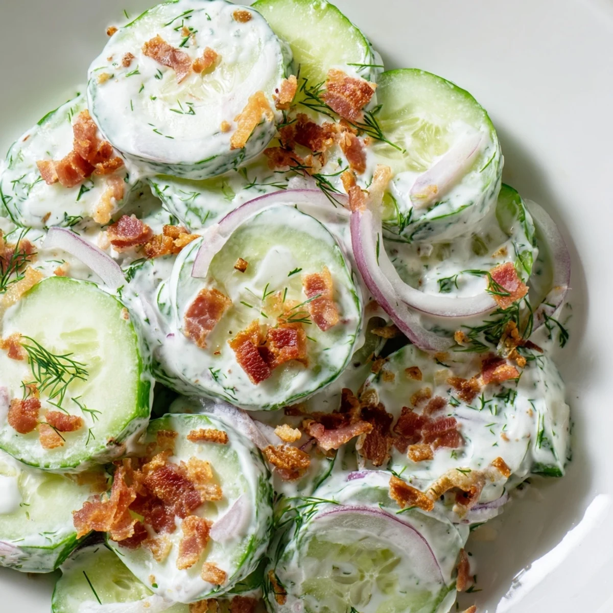 Healthy cucumber salad with bacon featuring fresh dill and creamy Greek yogurt dressing