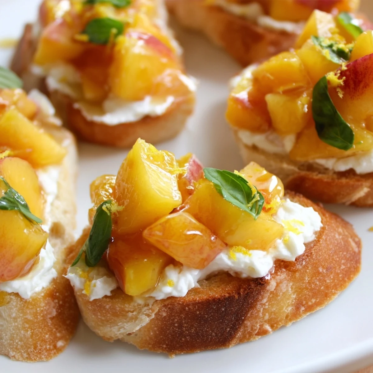 Golden toasted baguette slices topped with creamy ricotta and fresh Sun Kissed Peach Bruschetta