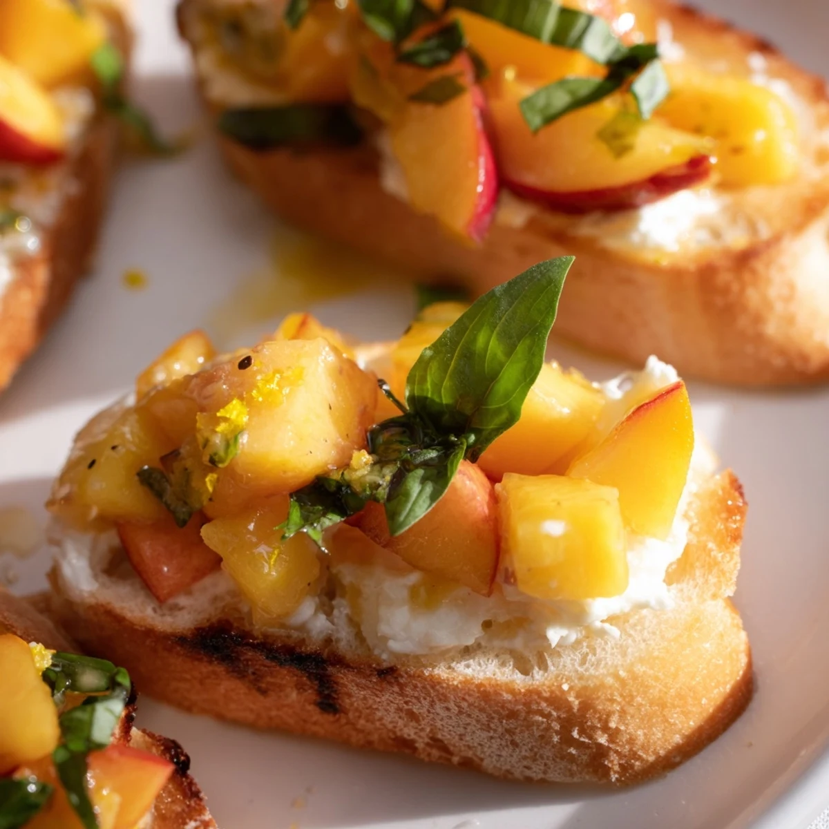 Juicy ripe peaches spooned over whipped ricotta on crusty bread in Sun Kissed Peach Bruschetta