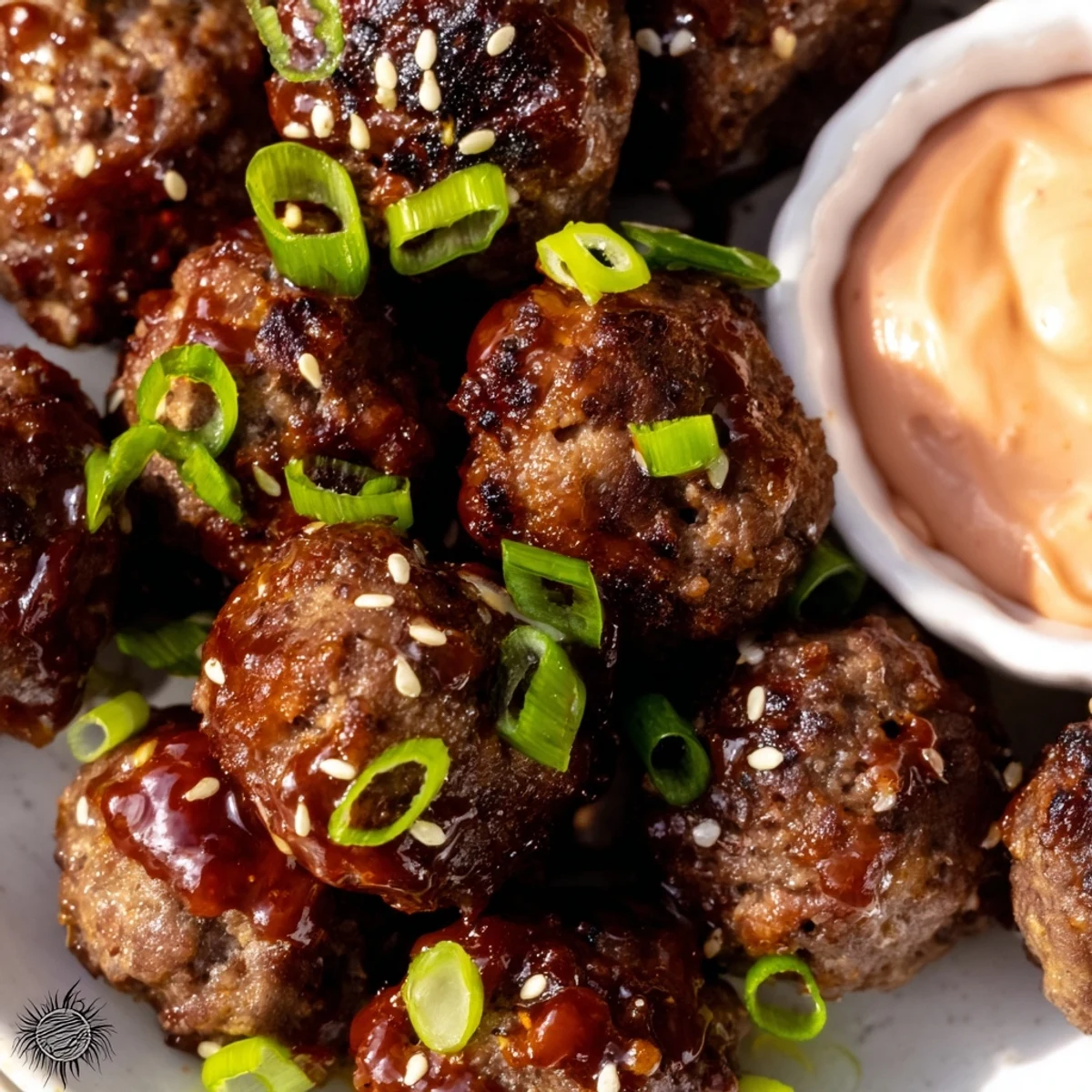 Golden brown Korean BBQ meatballs garnished with sesame seeds beside creamy spicy mayo dip