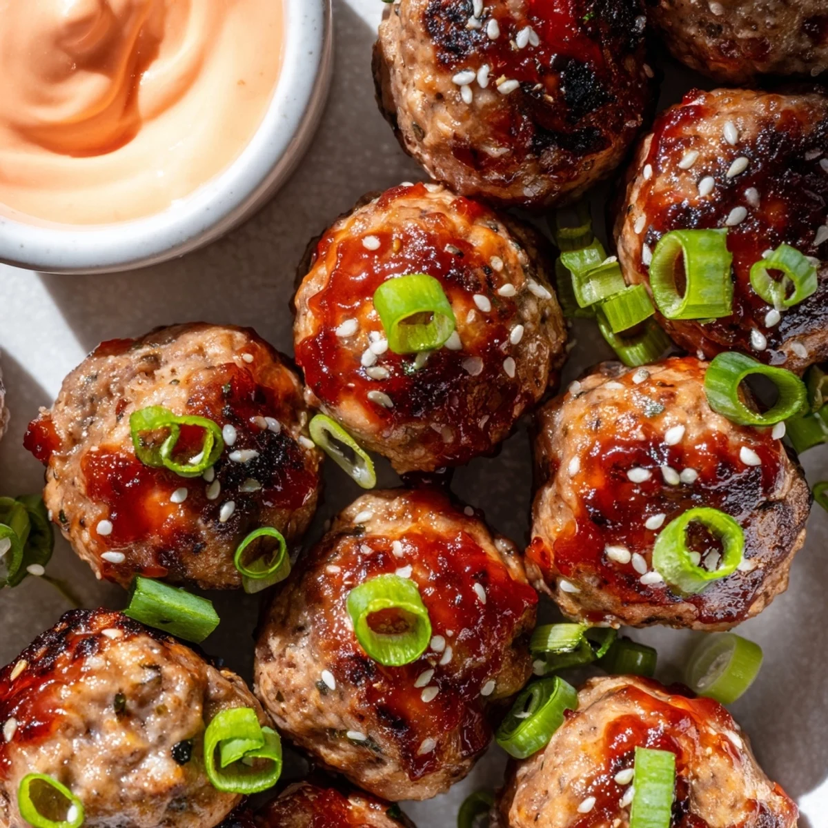 Juicy Korean BBQ meatballs arranged on platter with rich orange sriracha mayonnaise dipping sauce