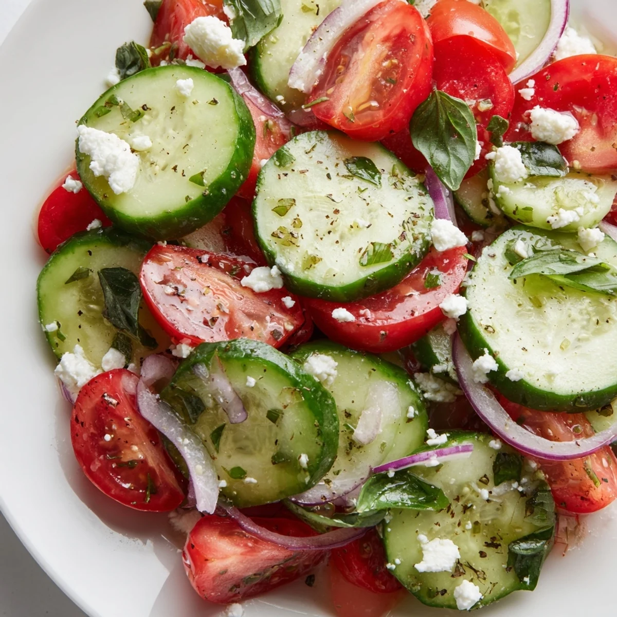 Crisp Italian cucumber salad with ripe tomatoes and red onions in zesty herb dressing