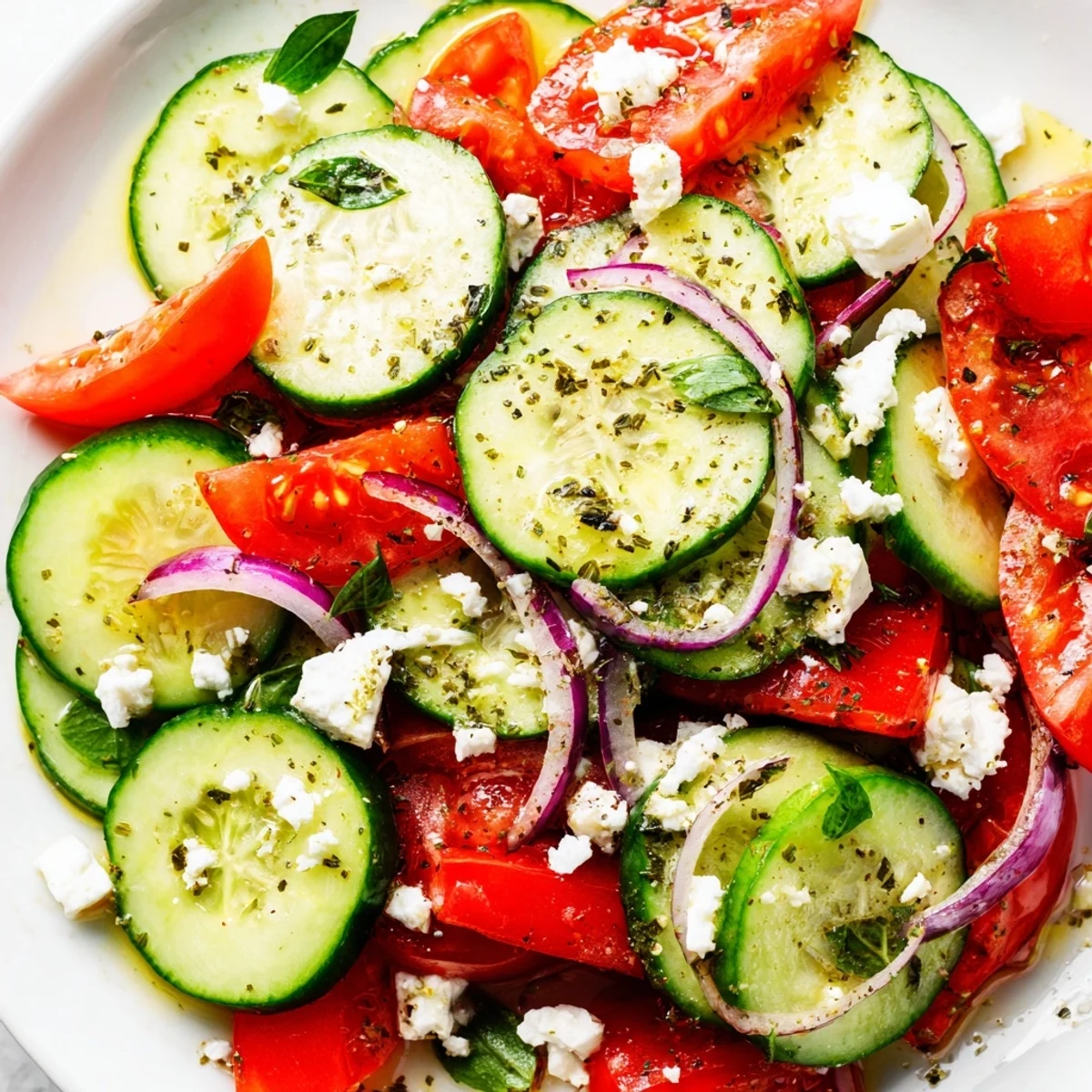 Fresh Italian cucumber salad topped with crumbled feta cheese and cracked black pepper