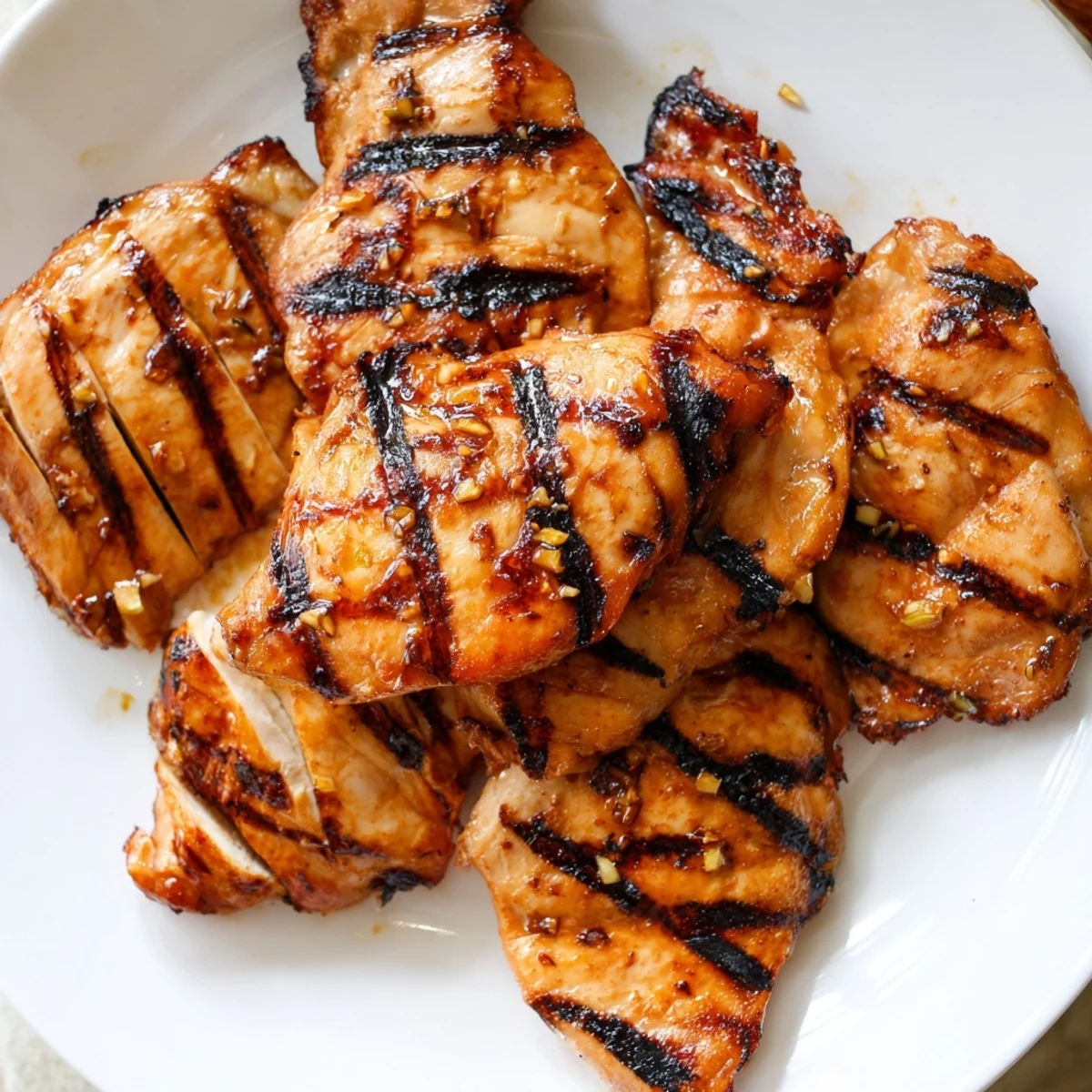 Golden Grilled Vietnamese Chicken with char marks on a white plate with fresh cilantro