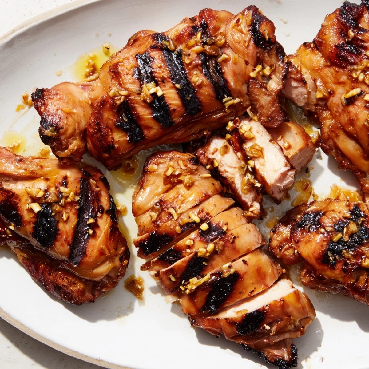 Juicy sliced Grilled Vietnamese Chicken topped with chopped cilantro and lime wedges