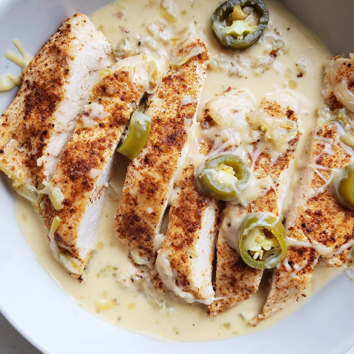 Golden jalapeno chicken breasts nestled in creamy, cheesy sauce with fresh cilantro garnish on top