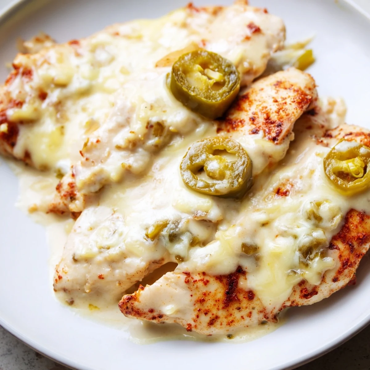 Spicy jalapeno chicken smothered in rich cream sauce with melted Monterey Jack cheese and jalapeño slices