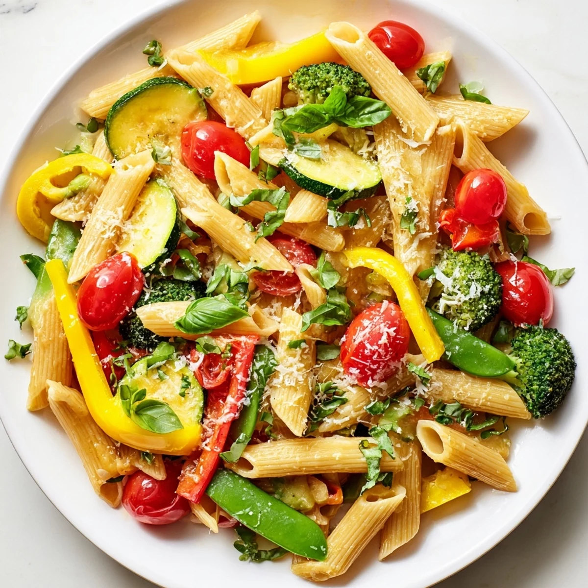 Steaming bowl of Pasta Primavera topped with fresh basil and grated Parmesan cheese.