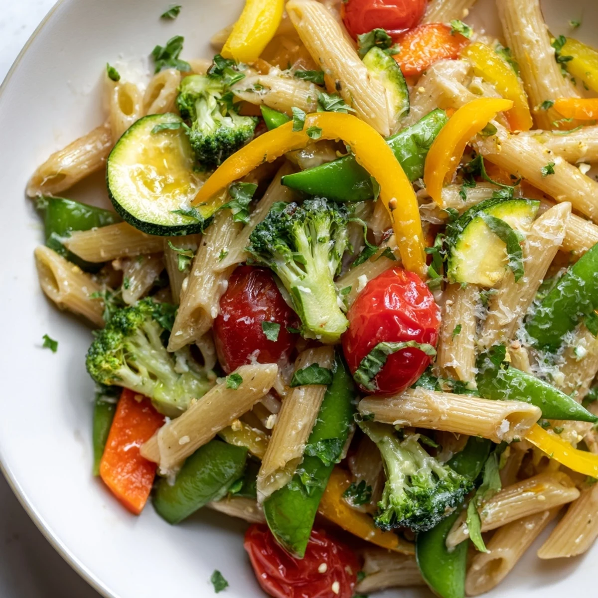 Colorful Pasta Primavera with tender spring vegetables in a light garlic lemon sauce.