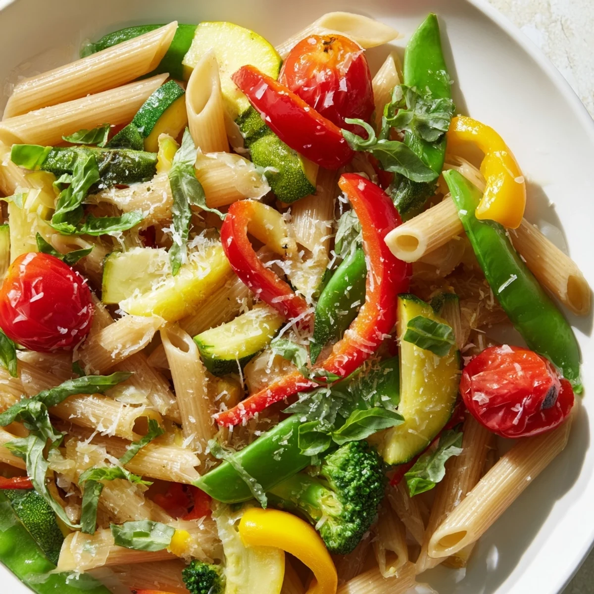 Vibrant Pasta Primavera featuring al dente penne tossed with crisp garden vegetables.