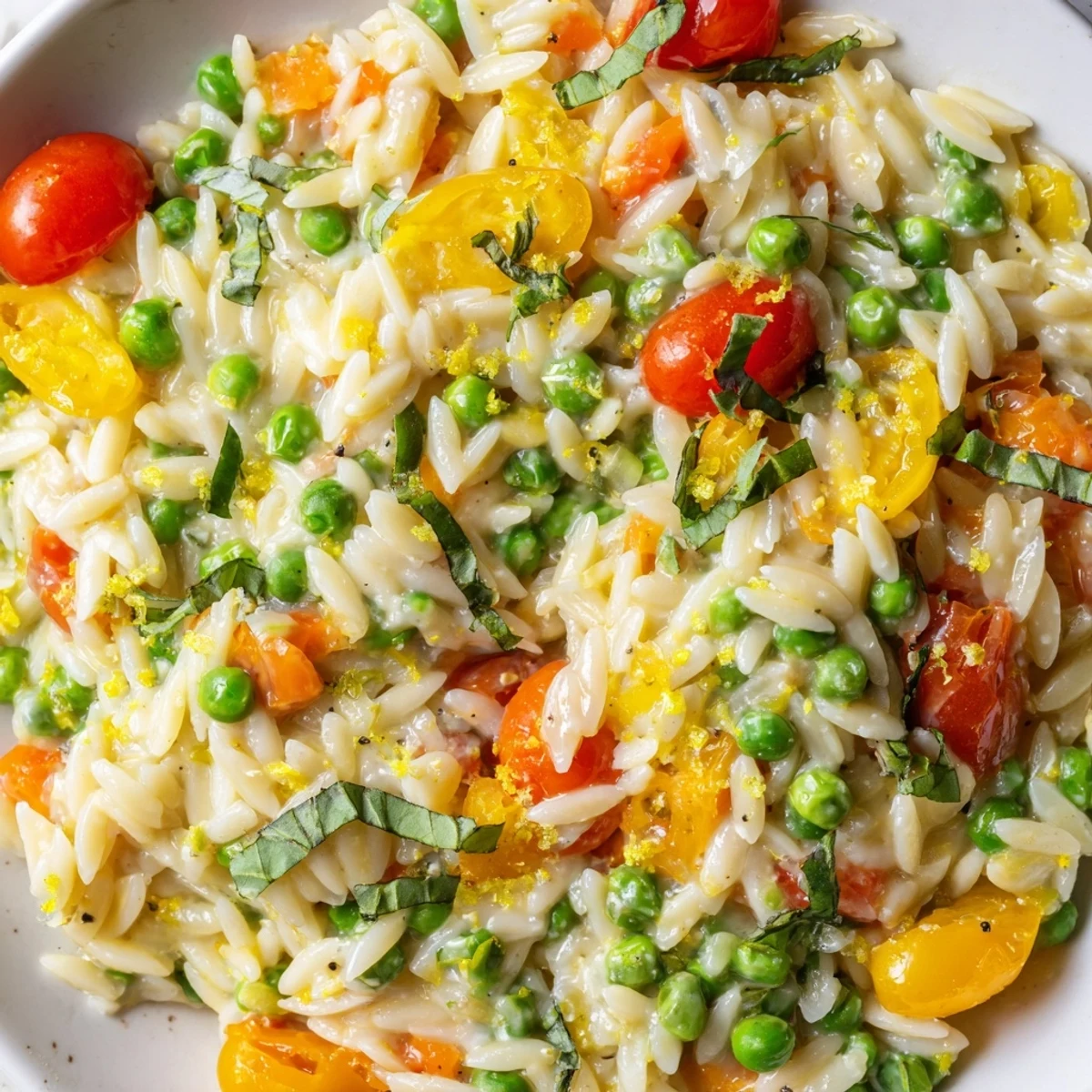 Creamy Orzo Primavera tossed with colorful spring vegetables and fresh herbs in a skillet