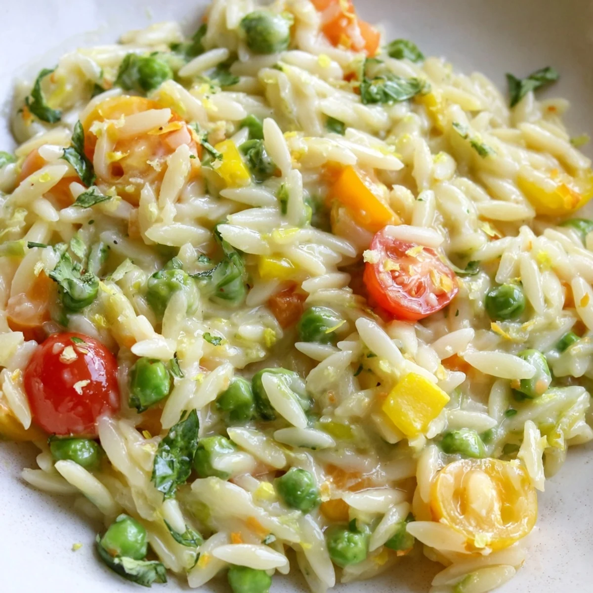 Orzo Primavera served in a white bowl topped with Parmesan and bright green herbs