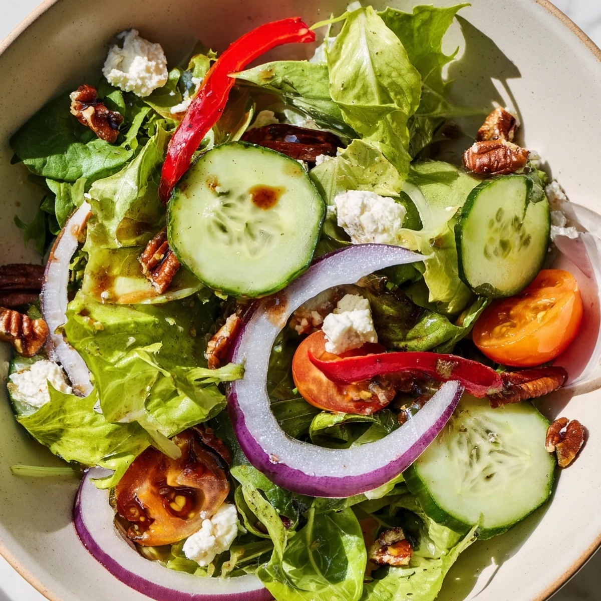 Spring mix salad with colorful vegetables and crumbled feta in rustic white bowl