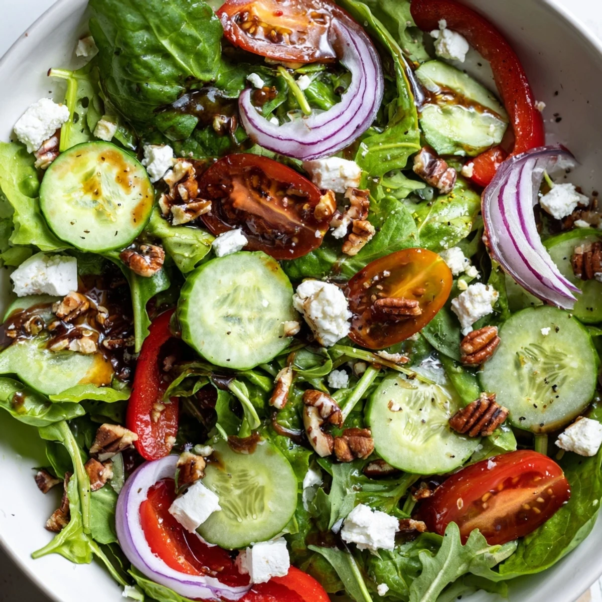 Fresh spring mix salad tossed with cherry tomatoes cucumber and tangy vinaigrette