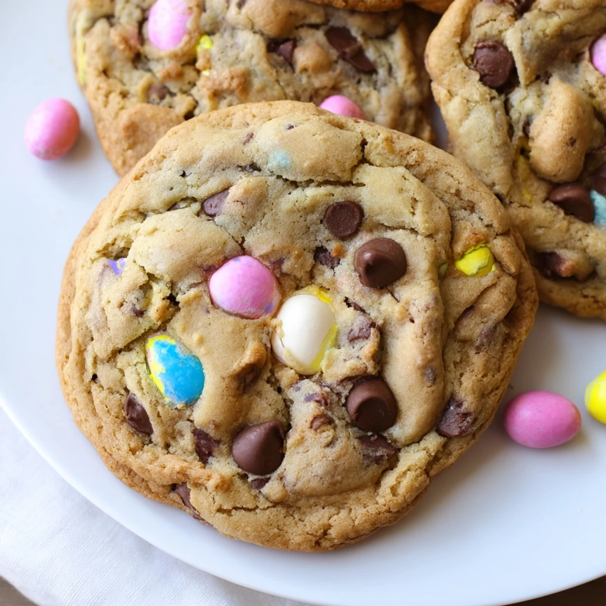 Soft chewy Cadbury Egg Cookies with colorful candy pieces on rustic baking sheet
