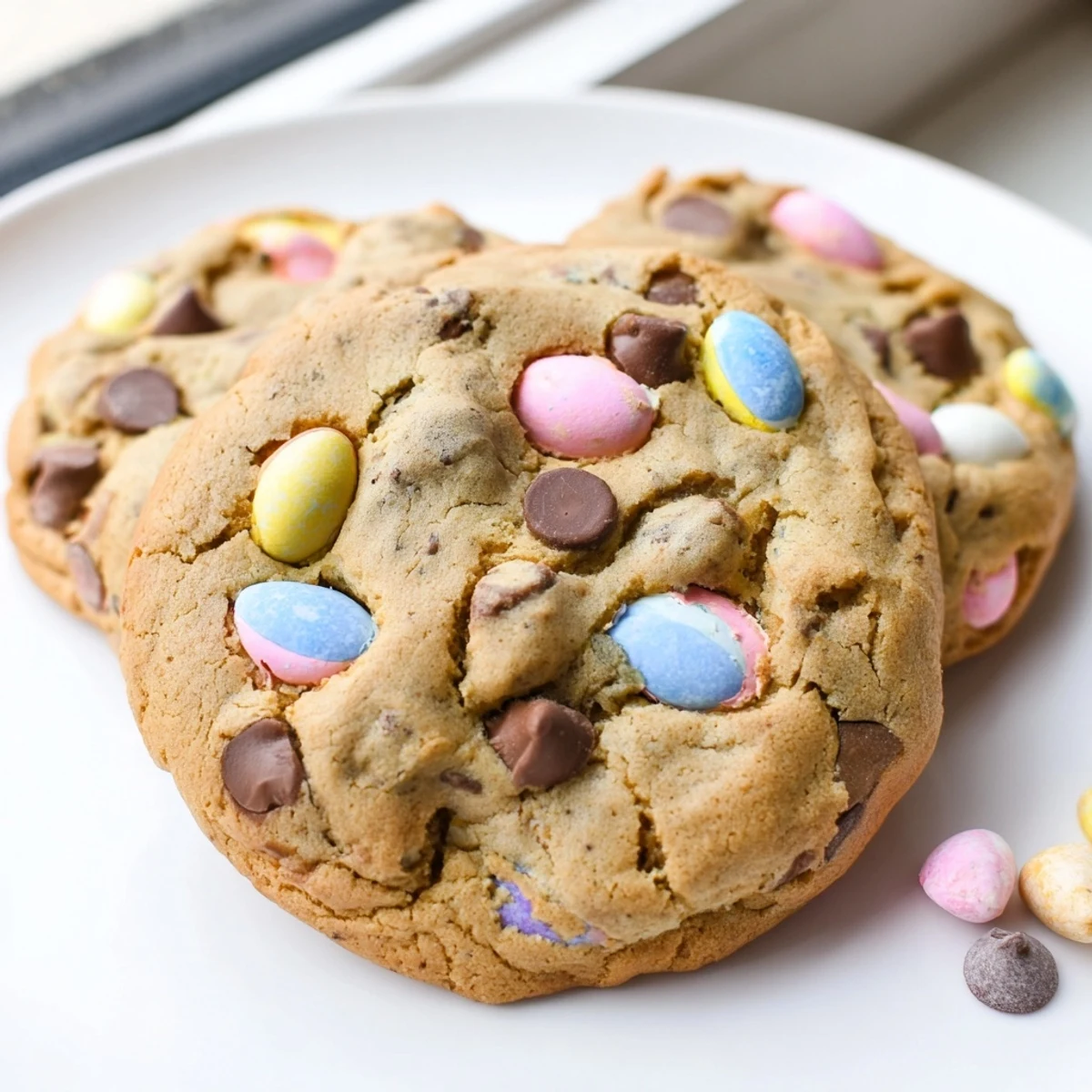 Pastel mini Cadbury eggs bursting from thick bakery-style cookies on cooling rack