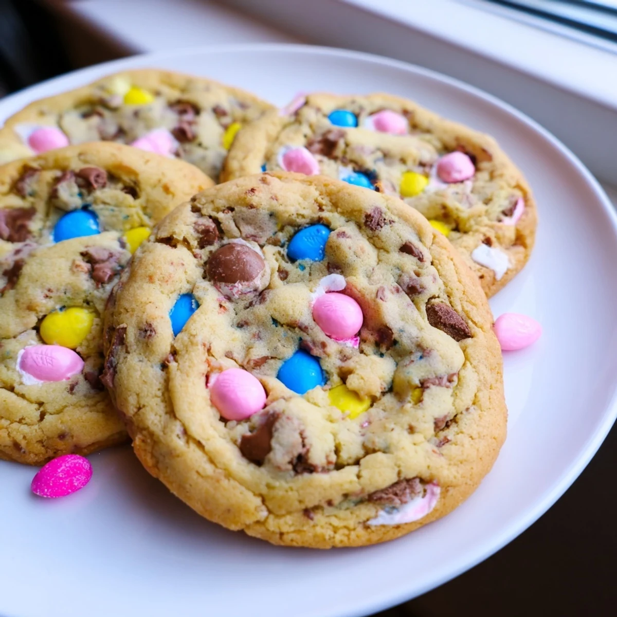 Golden brown Cadbury Egg Cookies studded with chocolate chips served warm