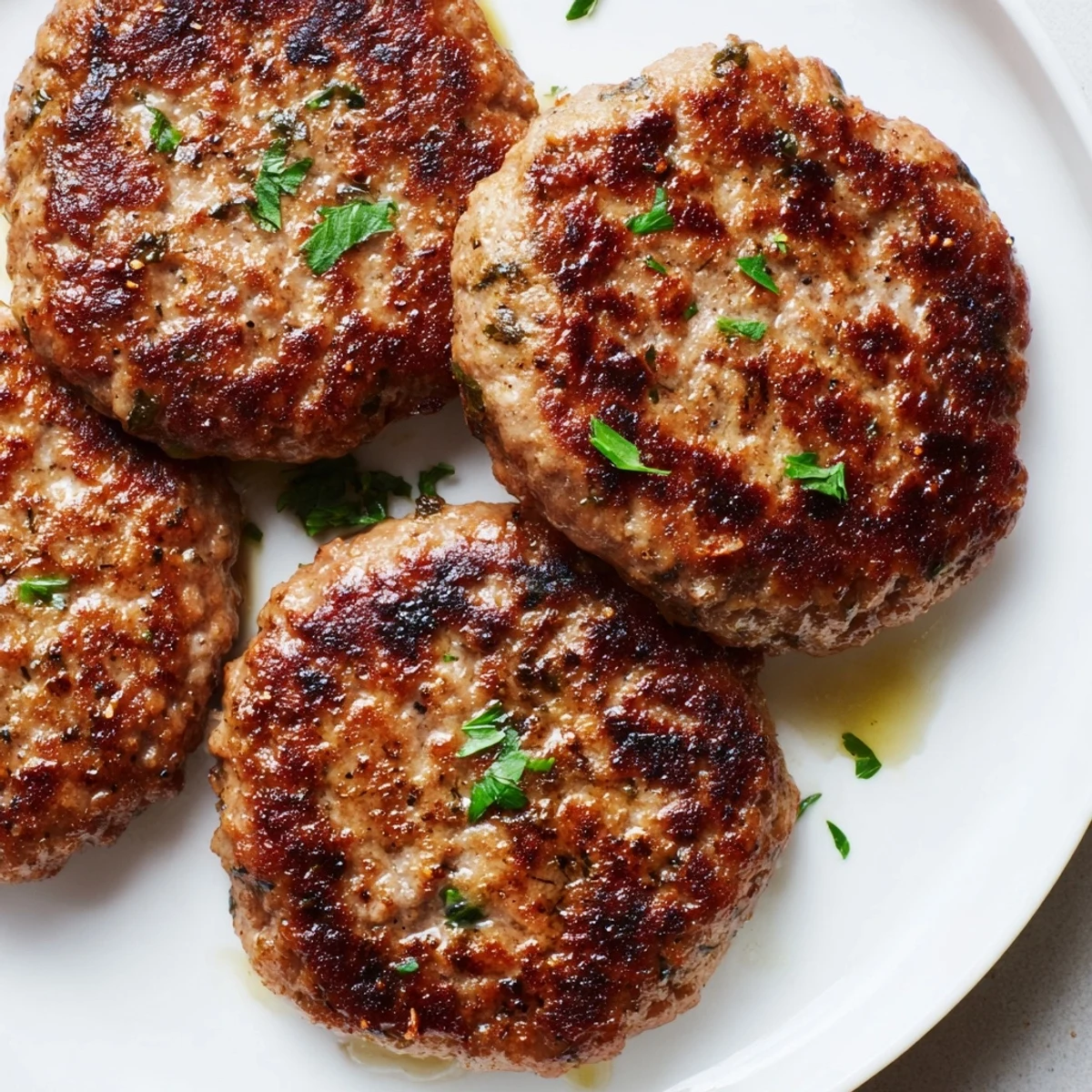 Golden brown ground turkey sausage patties sizzling in a cast iron skillet