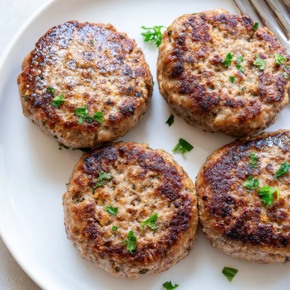 Juicy homemade ground turkey sausage patties garnished with fresh chopped parsley