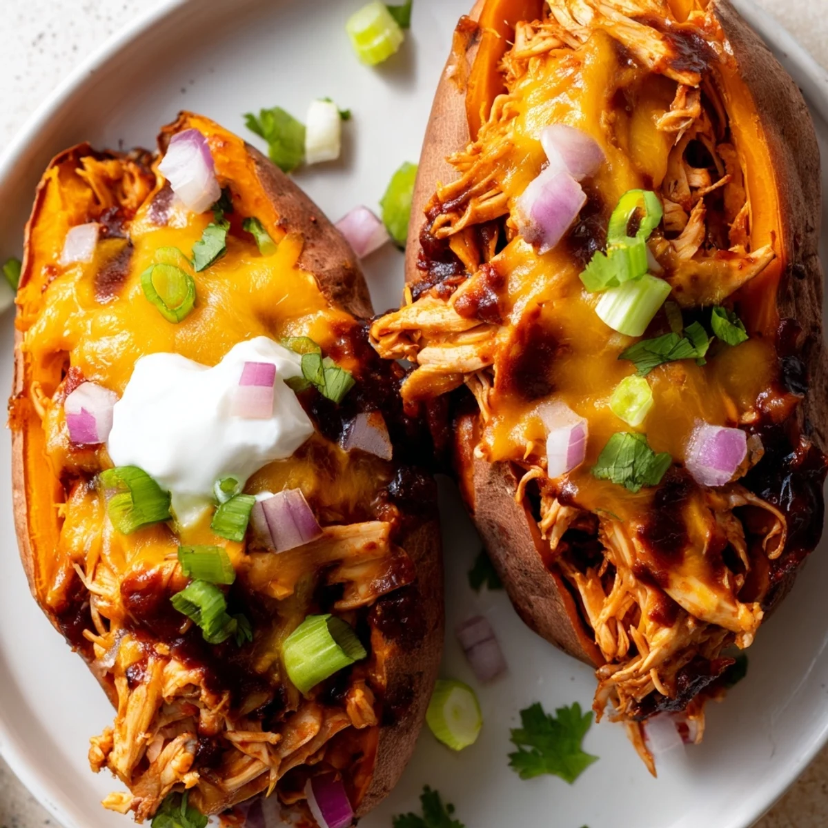 BBQ Chicken Stuffed Sweet Potatoes topped with melted cheddar and green onions on a rustic plate