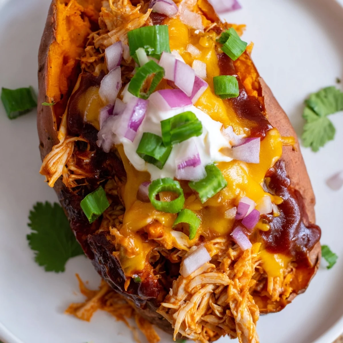 Smoky BBQ Chicken Stuffed Sweet Potatoes with gooey cheese and a dollop of sour cream
