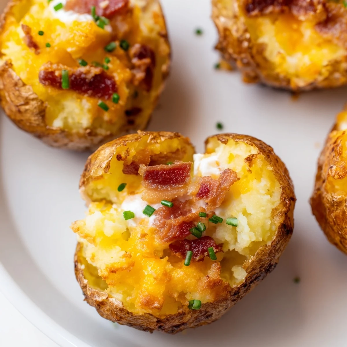 Golden Irish Potato Bites filled with melted cheddar and crispy bacon on a rustic baking sheet