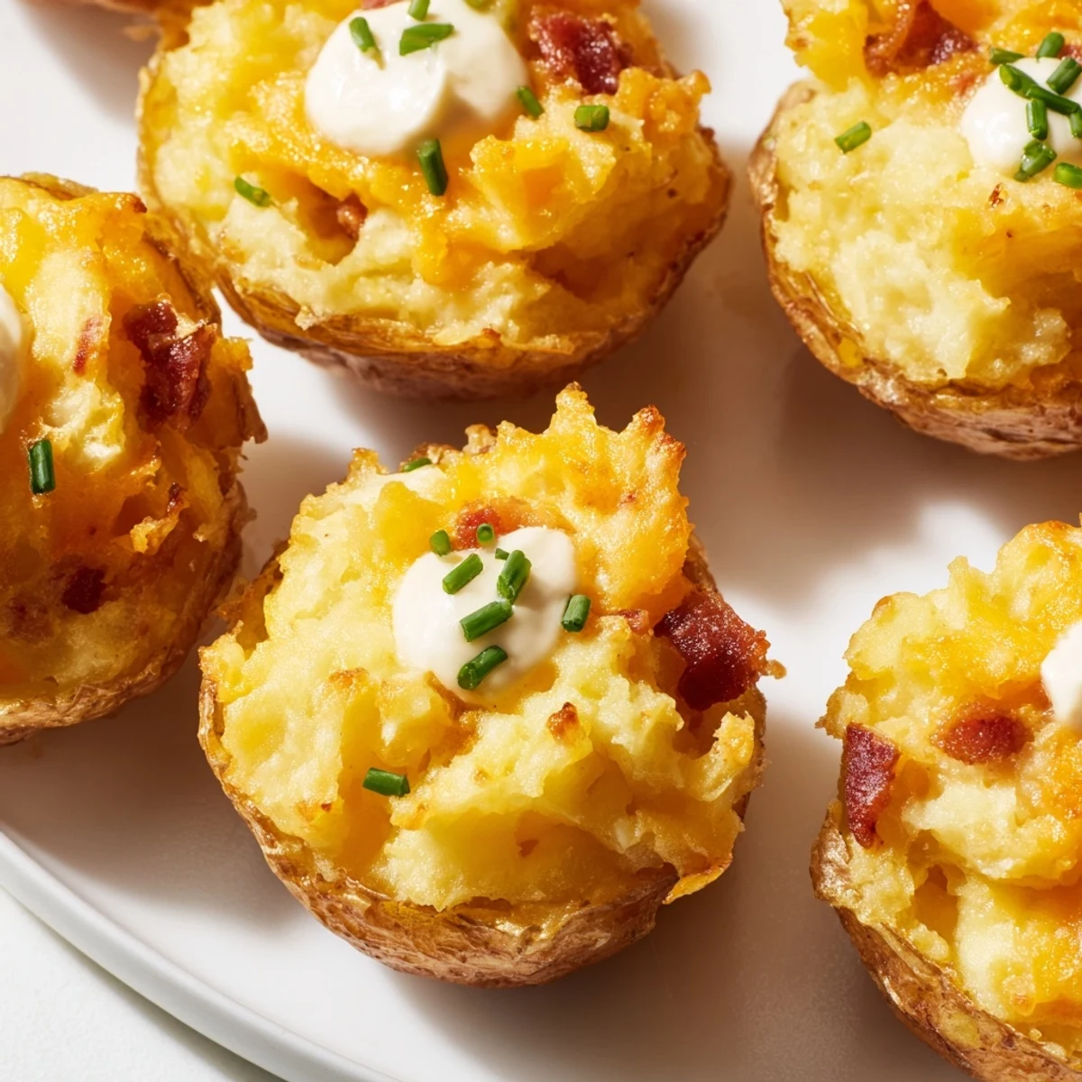 Irish Potato Bites topped with fresh chives arranged on a white serving platter