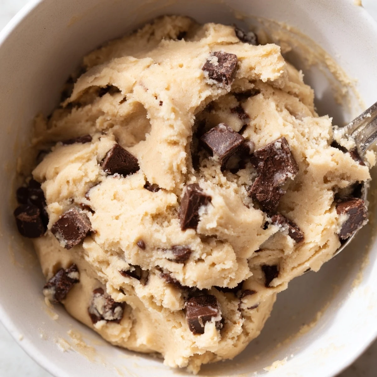 Edible chocolate chip cookie dough in a mixing bowl ready for snacking