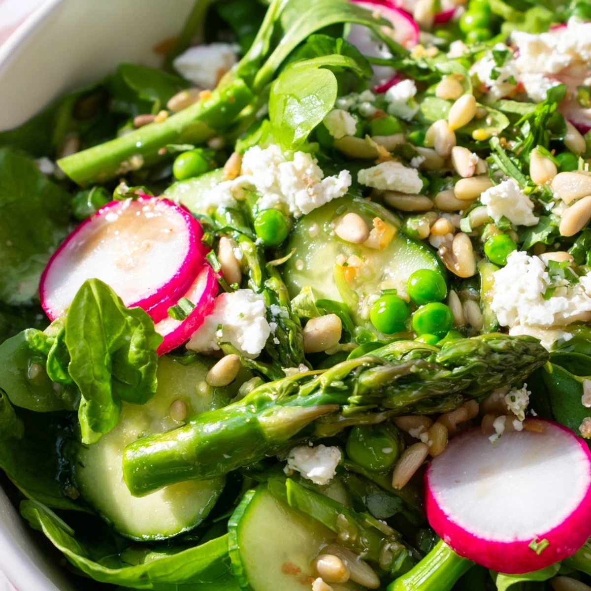 Bright Spring Salad with crisp greens, radishes, and citrus vinaigrette in a rustic wooden bowl