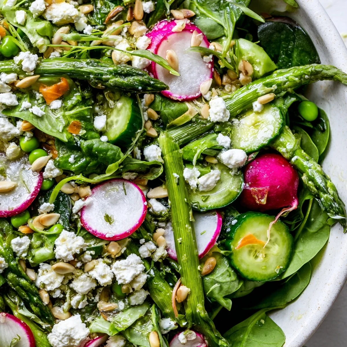 Fresh Bright Spring Salad topped with crumbled feta and toasted sunflower seeds