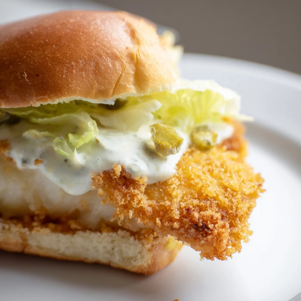 Homemade Filet O Fish Sliders topped with creamy tartar sauce and fresh lettuce