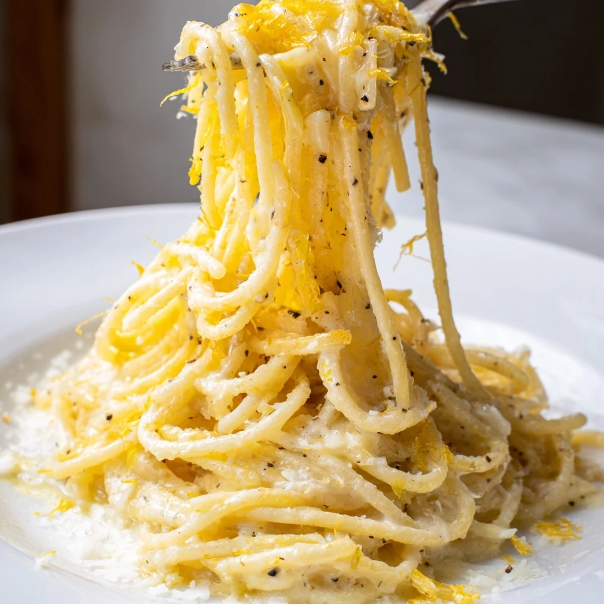 Creamy Parmesan Lemon Pasta twirled in a skillet with fresh herbs and black pepper