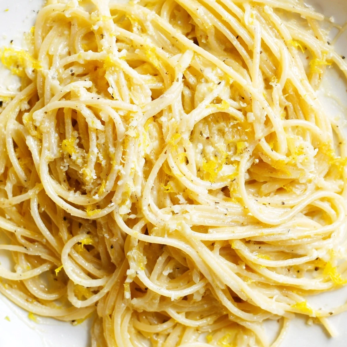 Golden spaghetti coated in zesty Parmesan Lemon Pasta sauce with bright citrus flecks