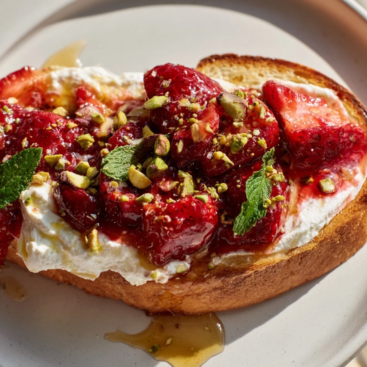 Crispy golden toast topped with fluffy whipped ricotta and ruby roasted strawberries glistening with sweet syrup