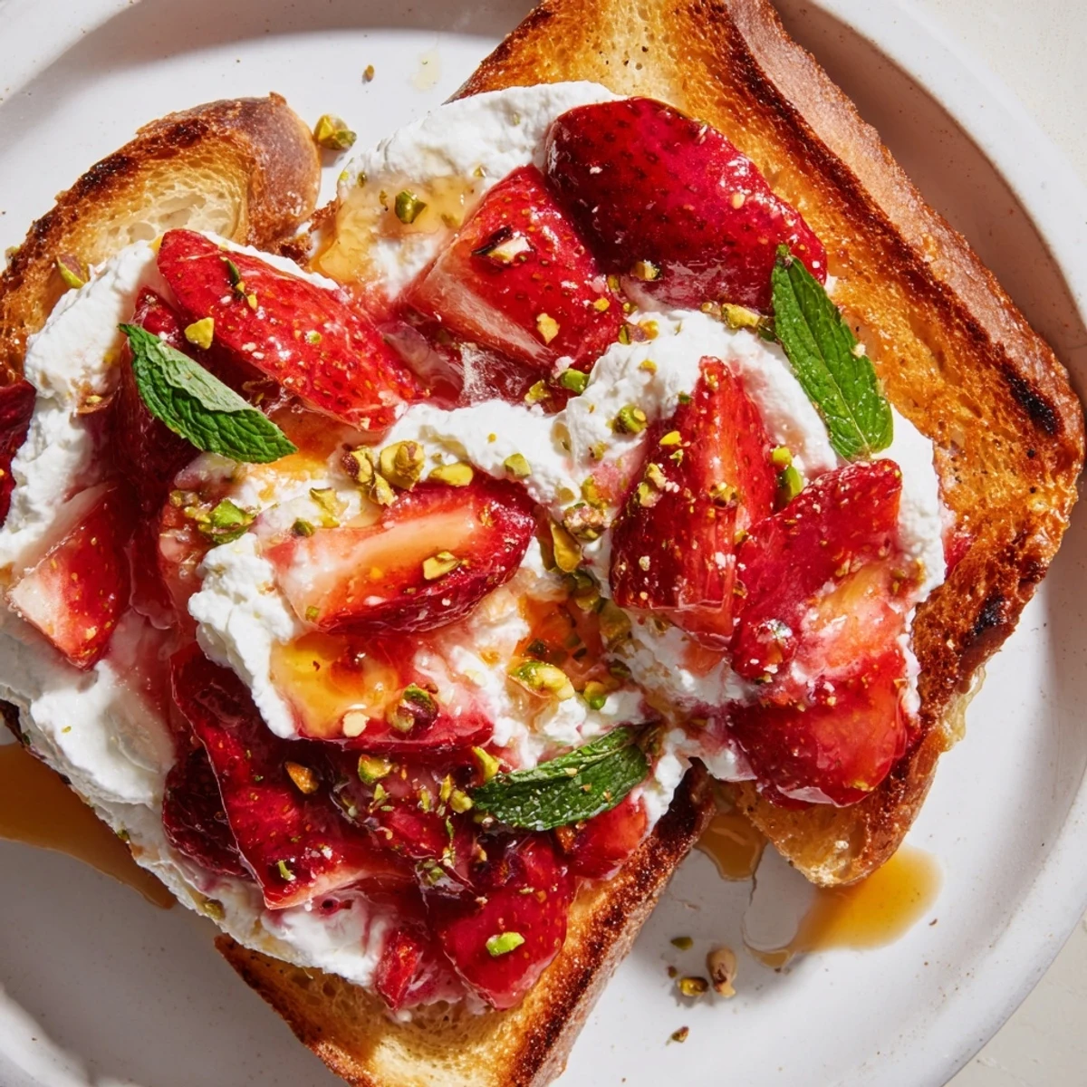 Creamy lemon scented whipped ricotta spread on rustic bread with caramelized roasted strawberry topping