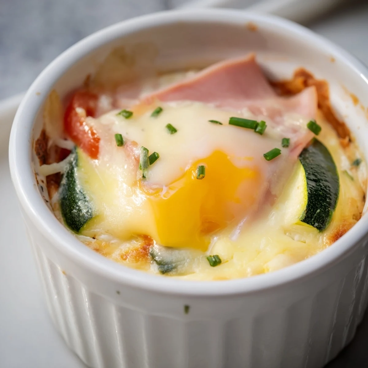 Golden Baked Eggs Napoleon in ramekins with creamy Gruyère sauce and fresh herbs