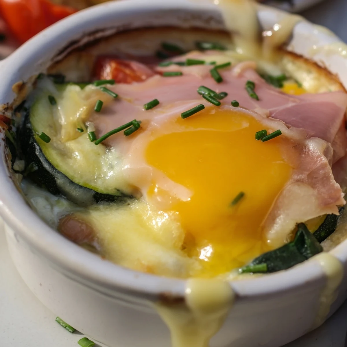 Layers of ham spinach and tomato beneath perfectly baked eggs in golden ramekins
